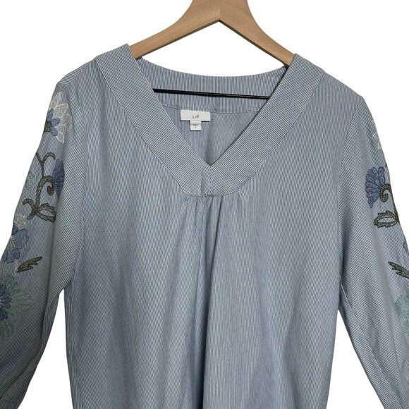 J. Jill Blue Striped Floral Embroidered Top Sz Small Cotton Coastal 3/4 Sleeve - Picture 3 of 11